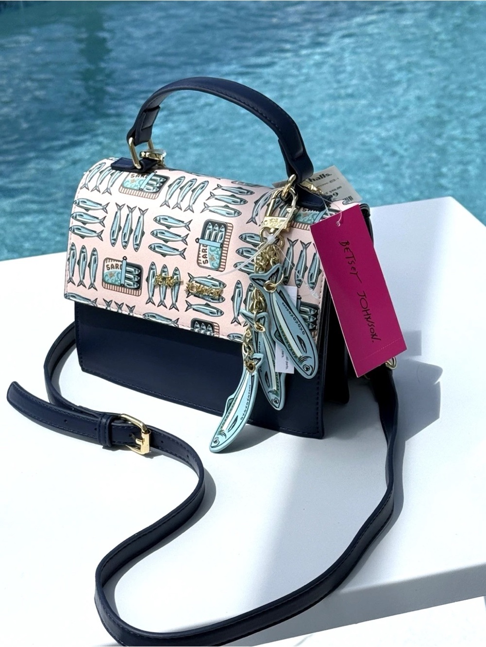 Betsey Johnson Pink Sardine-Print Crossbody with Navy Trim & Gold Chain